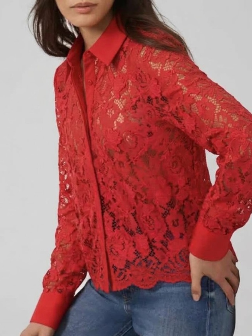 Express Red Lace Button-Down Shirt